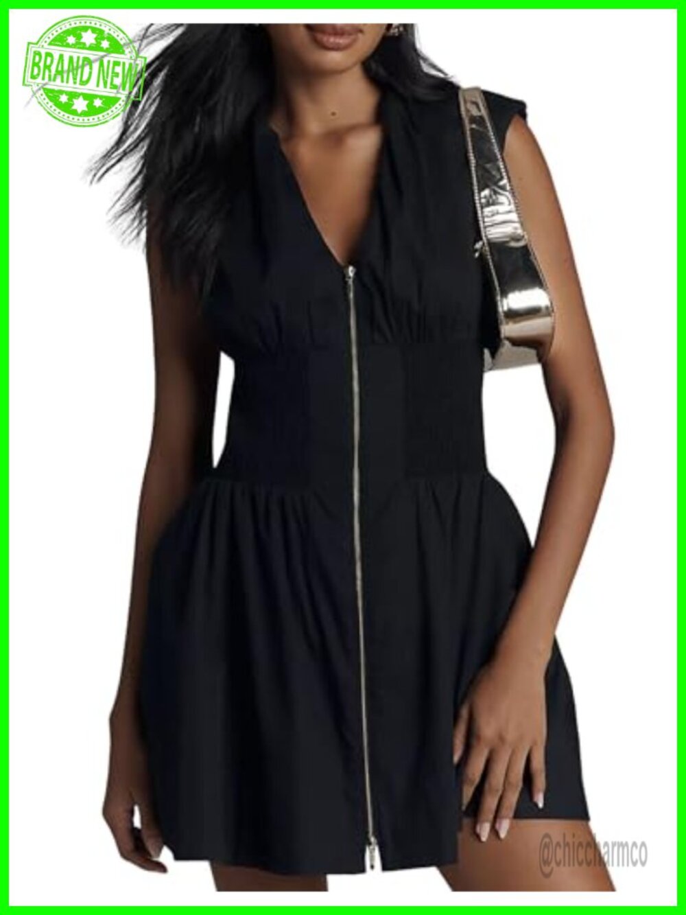 V Neck Summer Dress Cap Sleeve Zipper Mini Smocked Slit Dress with Pockets - Picture 2 of 7